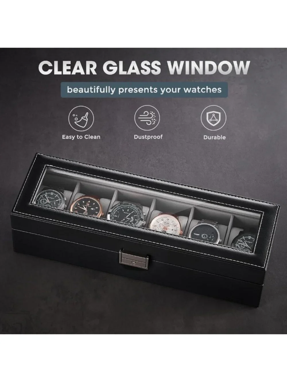 Stylish 6-Slot Watch Case for Men | PU Leather Organizer with Lockable Glass Lid